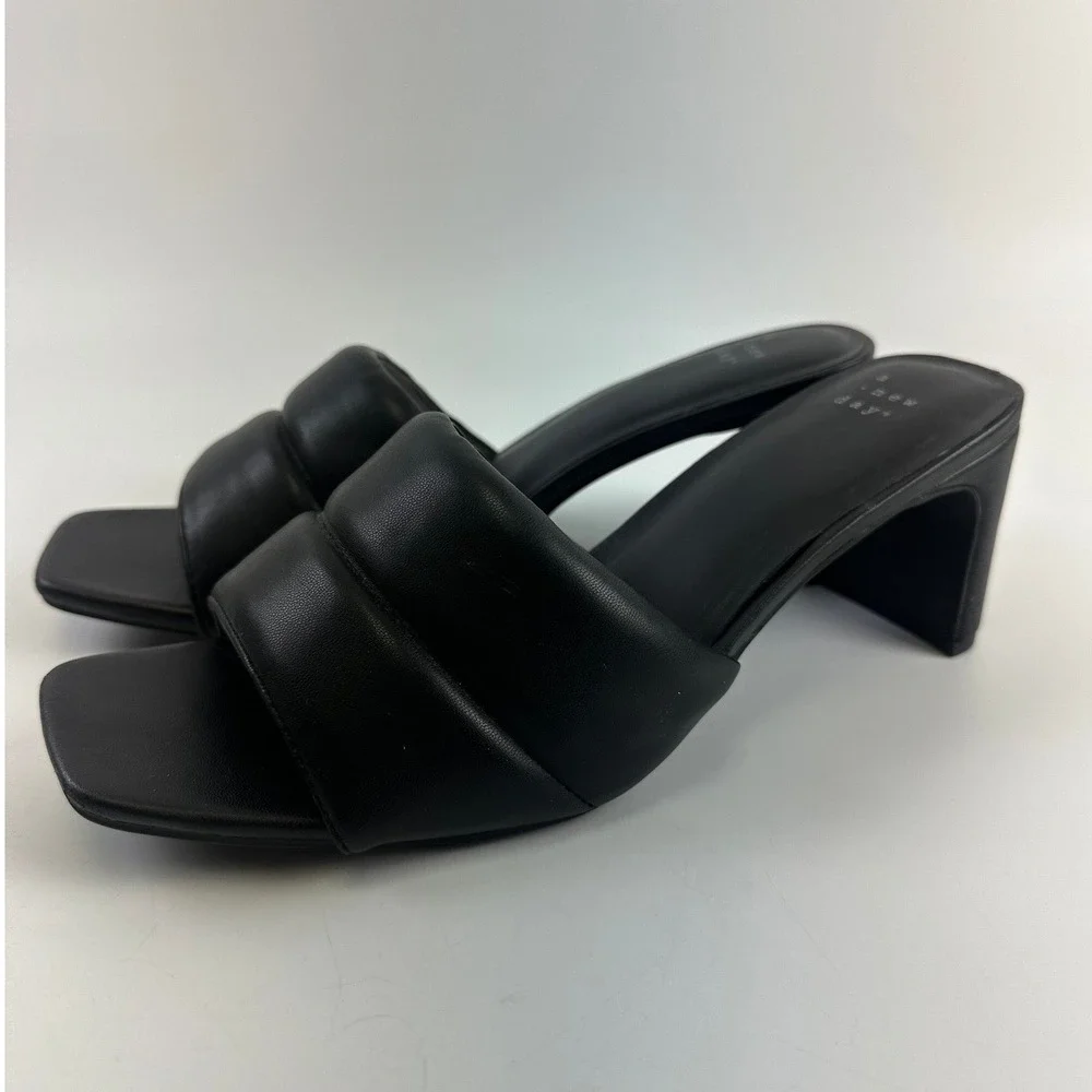 A New Day Padded Slide Heel Sandal Black Faux Leather Square Toe Block Womens 10